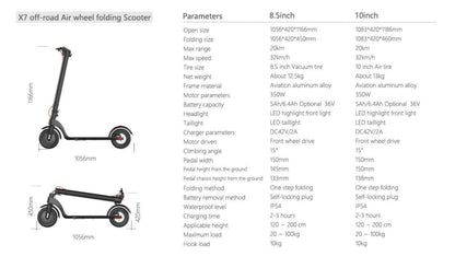 E-Scooter - HX X7 Folding Adult Scooter 10" Air Filled Tires - 20km Range - Lithium Battery