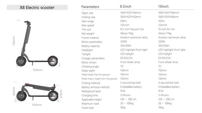 E-Scooter - HX X8 Folding Adult Scooter 10" Air Filled Tires - 45km Range - Lithium Battery
